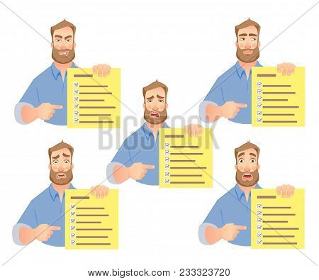Man Holding Checklist. Businessman Points To Check List. Vector Set.