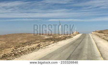 Windmills Located Along King`s Way To Petra In Jordan