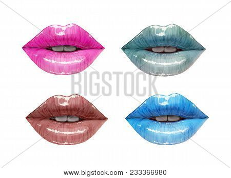 Colorful Lips Collection. Mouth Set Isolared On White Background. Vector Lipstick Or Lip Gloss 3d Re