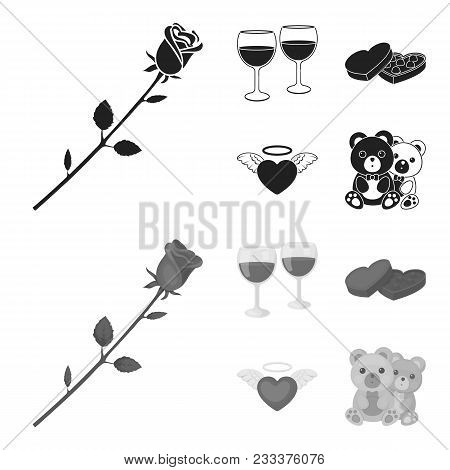 Glasses With Wine, Chocolate Hearts, Bears, Valentine.romantik Set Collection Icons In Black, Monoch