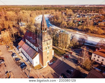 Aerial View To The St Simon Church And River Gauja In Valmiera, Latvia