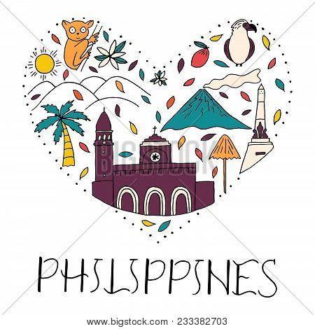 The Heart With Symbols Of Philippines. Culture And Architecture.