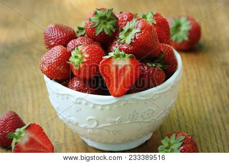 Fresh Strawberries In Bowl On Wood Table, Organic Garden Berries .