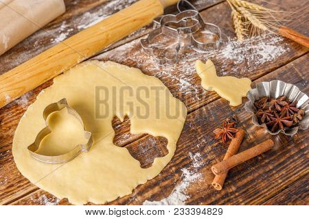 Shapes And Dough For Baking Curly Cookies On A Wooden Background. View From Above.