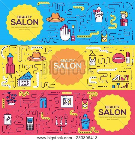 Thin Linebeauty Salon With Assortment Vector Brochure Cards Set.  Cosmetology Template Of Flyear, Ma