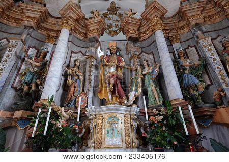 POKUPSKO, CROATIA - NOVEMBER 24: Main altar in the Church of Assumption of the Virgin Mary in Pokupsko, Croatia, on November 24, 2016.
