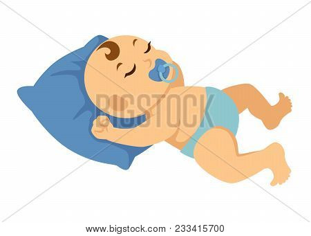 Newborn Baby Boy In Blue Diapers Sleeps On Big Soft Pillow With Pacifier In Mouth. Little Adorable K