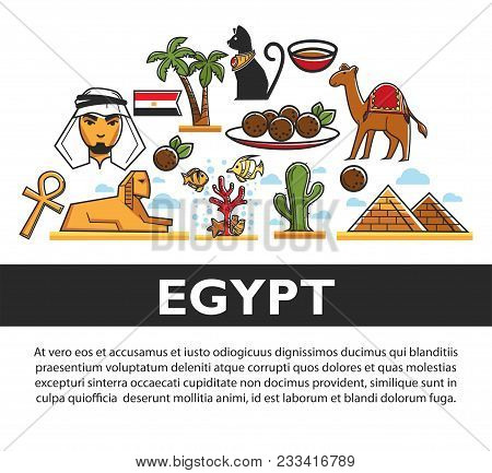 Egypt Promotional Banner With Famous Architectural Symbols And Food. Egyptian Man, Cat Statue, Tall 