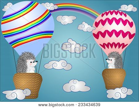 Lovely Little Hedgehogs Fly Into Cartoons, Large Bulky Balloons In The Sky Amidst White Clouds And A