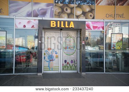 Nitra, Slovakia, March 28, 2018: Billa Store. Now Part Of Rewe Group, Billa Was Founded In 1953. Wit