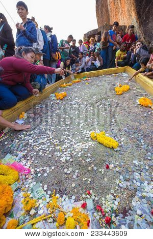 Unidentified People Traveling To Worship The Footprint Of Buddha At Khitchakut Mountain In Chanthabu