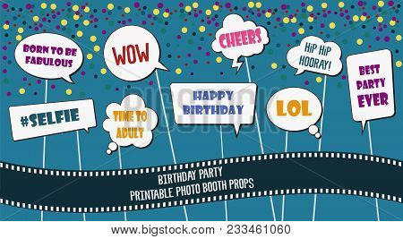 Photo Booth Props Set For Birthday Party Vector Illustration. Printable Comics Style Speech Bubbles 