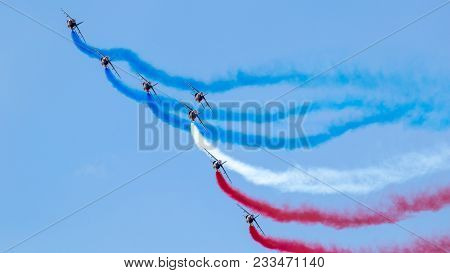 Paris-le Bourget, France - Jun 23, 2017: French Patrouille De France Aerobatics Airshow Team Perform