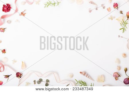 Flowers Composition. Frame Made Of Dried Rose Flowers On White Background. Flat Lay, Top View, Copy 