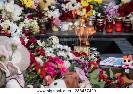 Day Of Mourning. The Tragedy In Kemerovo. Laying Flowers
