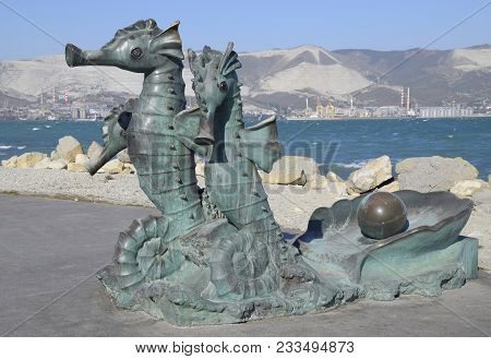 Novorossiysk, Russia - September 29, 2017: Artistic Monument, Seahorses, Harnessed In A Carriage. Co