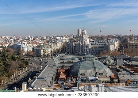 Madrid, Spain - January 24, 2018:  Panoramic View Of City Of Madrid From Circulo De Bellas Artes, Sp