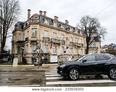 Strasbourg, France - Mar 28, 2018: Cars Driving In Front Russian Consulate Embassy Half-mast Russian