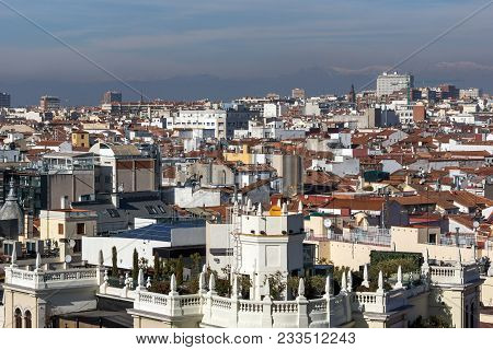 Madrid, Spain - January 24, 2018:  Panoramic View Of City Of Madrid From Circulo De Bellas Artes, Sp