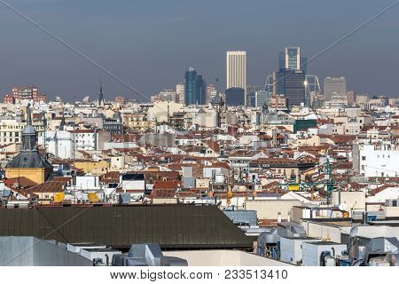Madrid, Spain - January 24, 2018:  Panoramic View Of City Of Madrid From Circulo De Bellas Artes, Sp