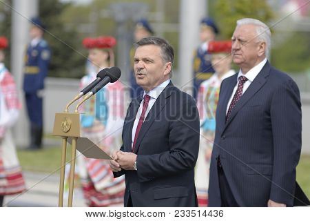 Minsk, Belarus - May 8: Rene Fasel - Iihf President Talk During Solemn Ceremony Of Hoisting The Flag