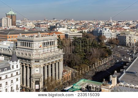 Madrid, Spain - January 24, 2018:  Panoramic View Of City Of Madrid From Circulo De Bellas Artes, Sp