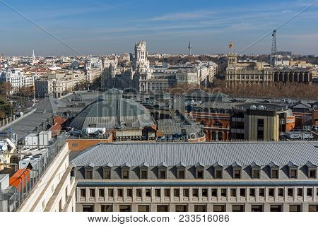 Madrid, Spain - January 24, 2018:  Panoramic View Of City Of Madrid From Circulo De Bellas Artes, Sp