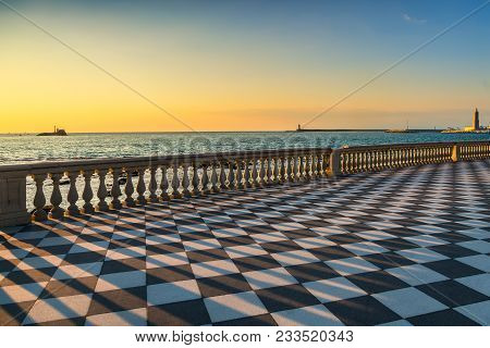 Mascagni Terrazza Terrace Belvedere Seafront And Harbour Entrance At Sunset. Livorno Tuscany Italy E