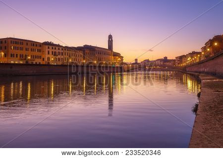 Pisa, Arno River, Ponte Di Mezzo Bridge. Lungarno Sunset View. Tuscany, Italy, Europe.