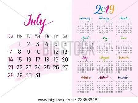 Colorful Planner, 2019, July Separately, White-blue Background, Lettering, Artboard. Stylish Annual 