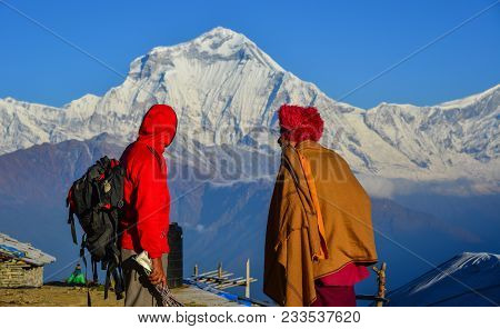 Shikha, Nepal - Oct 24, 2017. Local People Standing On Mountain At Khopra Village In Shikha, Nepal.