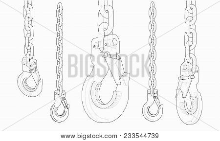 Hook With Chain. 3d Illustration. Wire-frame Style