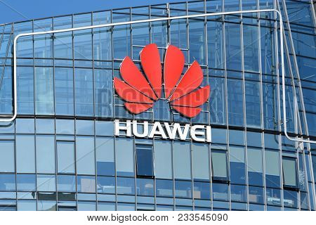 Vilnius, March 27: Huawei Logo On A Building On March 27 2018 In Vilnius, Lithuania. Huawei Is A Chi
