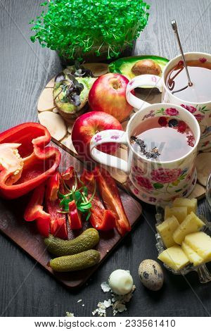English Health Breakfast For Two, Quail Eggs And Fresh Vegetables, Cheese, Nuts, Avokado, Sandwich W