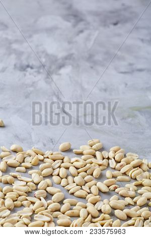 Pile Of Peelled Peanuts Isolated On White Textured Background, Background, Top View, Close-up, Selec