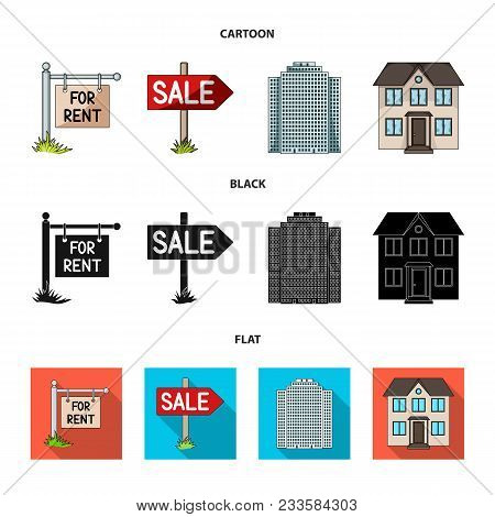 Signs Of Sale And Rent, A Skyscraper, A Two-story Cottage.realtor Set Collection Icons In Cartoon, B