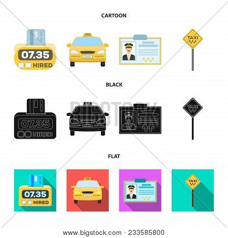 The Counter Of The Fare In The Taxi, The Taxi Car, The Driver Badge, The Parking Lot Of The Car. Tax