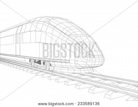 Abstract Polygonal High-speed Passenger Train. Traveling Concept. 3d Illustration. Wire-frame Style