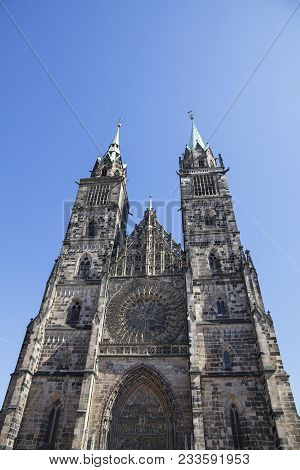 Saint Lawrence Cathedral (st. Lorenz) Over Clear Blue Sky, Medieval Gothic Church In Nuremberg, Germ