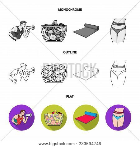 Men Torso, Gymnastic Gloves, Jumping Ball, Sneakers. Fitnes Set Collection Icons In Flat, Outline, M