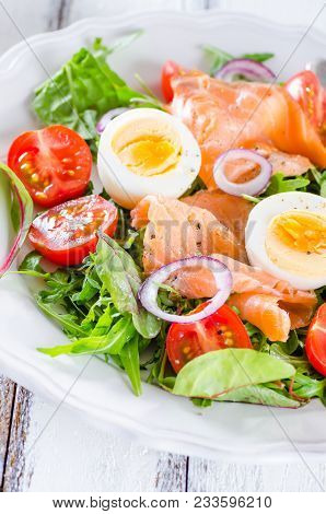Smoked Salmon Salad With Greens, Tomatoes, Eggs And Avocado