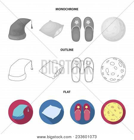 Night Cap, Pillow, Slippers, Moon. Rest And Sleep Set Collection Icons In Flat, Outline, Monochrome 