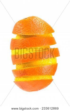 Creative Concept With Flying Orange. Sliced Orange Isolated On White Background. Levity Fruit Floati