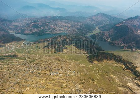 Aerial view of Begnas and Rupa lakes near Pokhara in Nepal