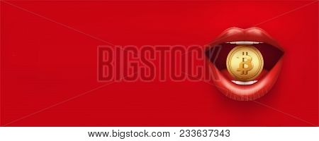 Horizontal Banner Of Bitcoin Cryptocurrency. Woman Red Lips With Bitcoin. Party Invitation And Poste