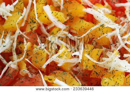 Pieces Of Tomato, Pepper, Cabbage In A Light Spring Salad. Texture.