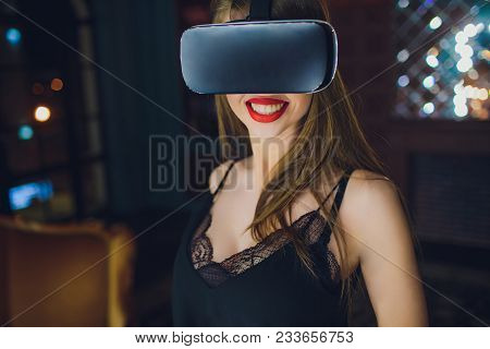 Woman Using The Virtual Reality Headset Boobs