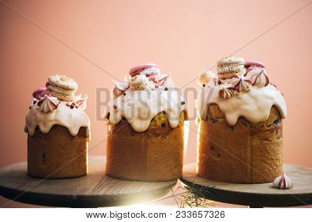 Easter Cakes - Traditional Kulich, Paska Easter Bread. Homemade Family Cakes. Traditional Easter Spr