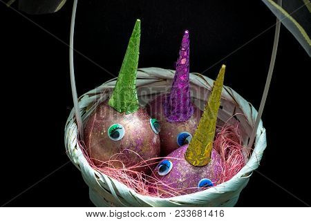 Easter Unicorns Crafted Purple Marble Golden Cosmic Space Eggs With Toy Eyes And Colorful Shining Ho