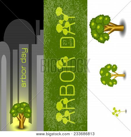 National Arbor Day. Bookmarks For Event Participants. Tree Glows Against The Gray City. Text Arbor D